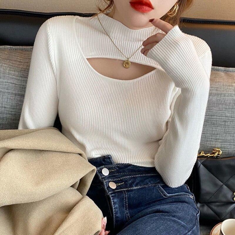 Осень-зима 2022, новый женский модный однотонный вязаный свитер с высоким воротом и длинными рукавами для дам, тонкие вязаные пуловеры One Size белый