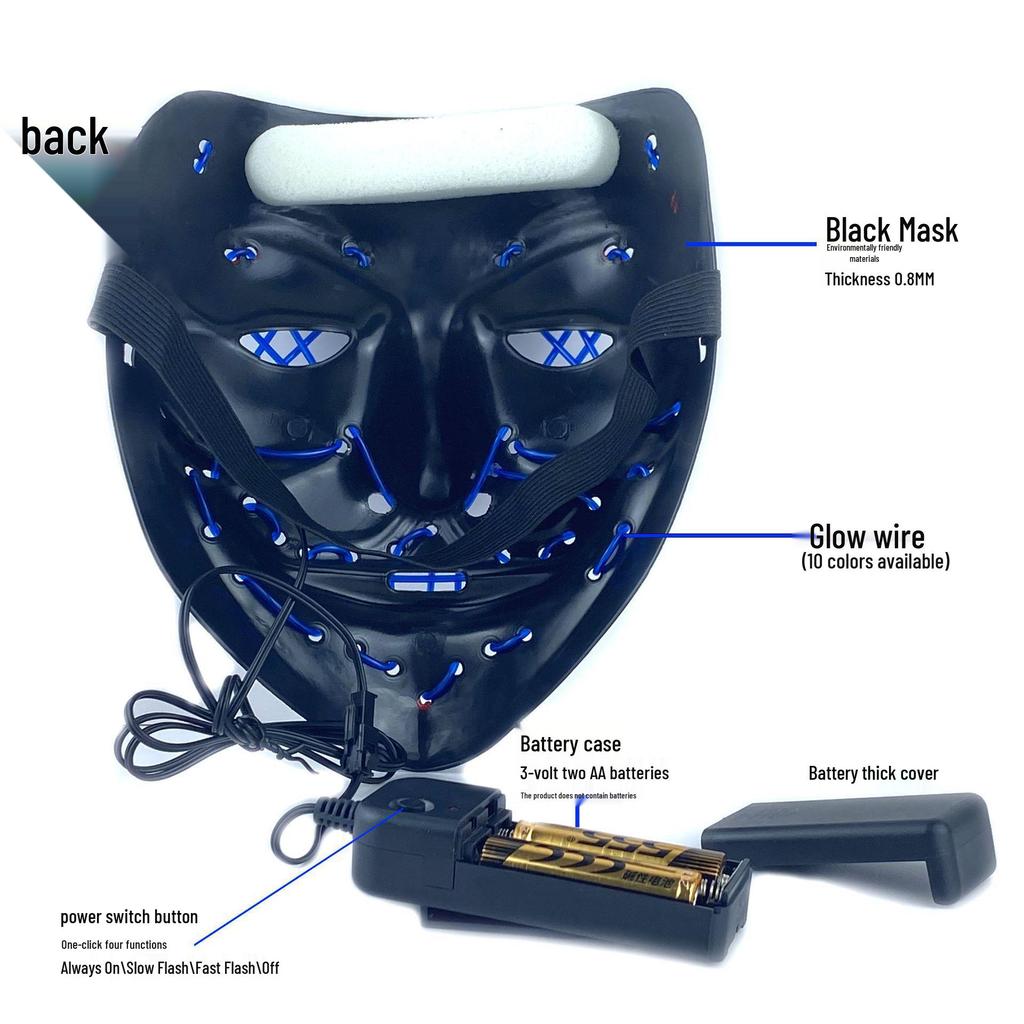 LED Luminous Halloween V for Vendetta Mask - Black Ghost Face Party Prop