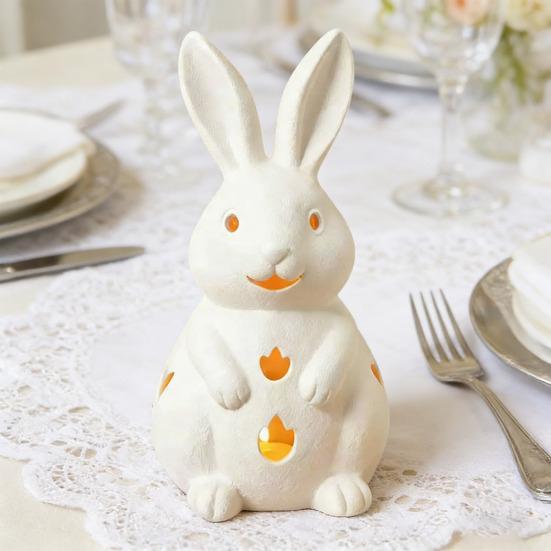 Easter Bunny Candle Holder Cute Bunny Resin Statue with LED Light White Bunny Figurine Rustic Table Centerpiece for Home Spring Decor