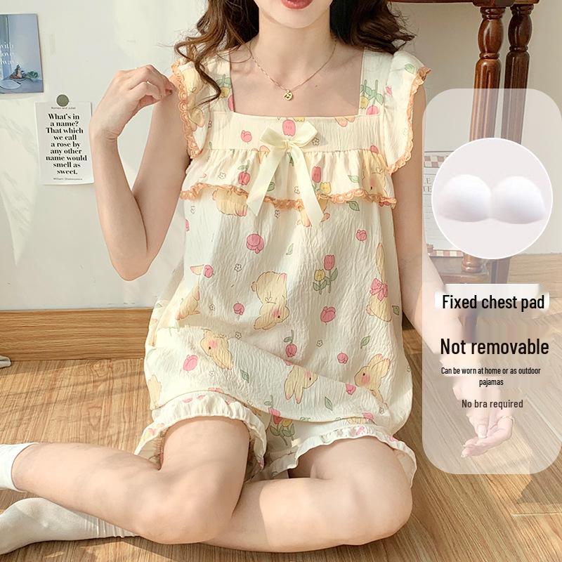 Women's Cloud Cotton Camisole Pajamas with Built-in Bra - Summer Sweet Style, Two-Piece Shorts Set, Wear Indoors or Out.