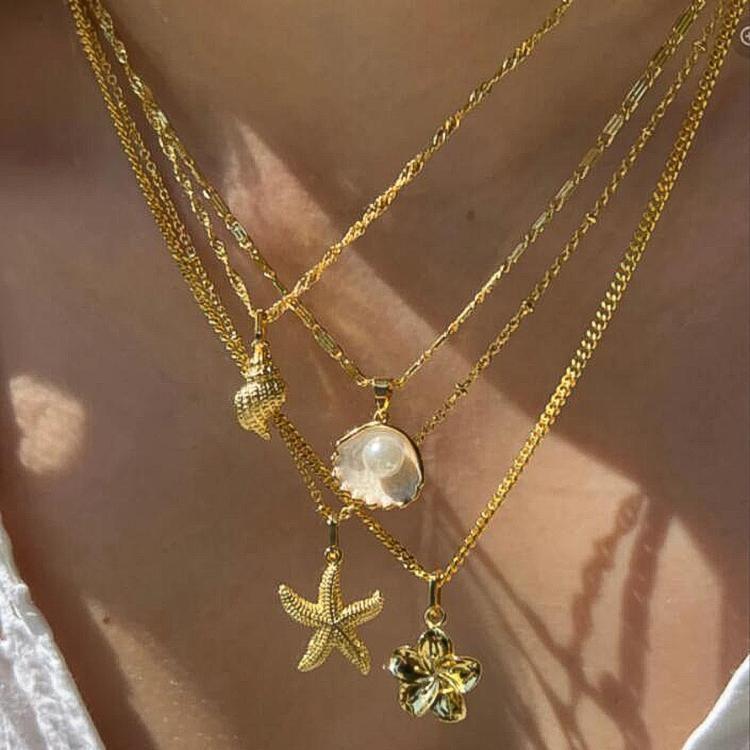 European Ocean Style Faux Pearl Clavicle Chain, Multi-layer Stackable Necklace with Starfish & Shell Pendants
