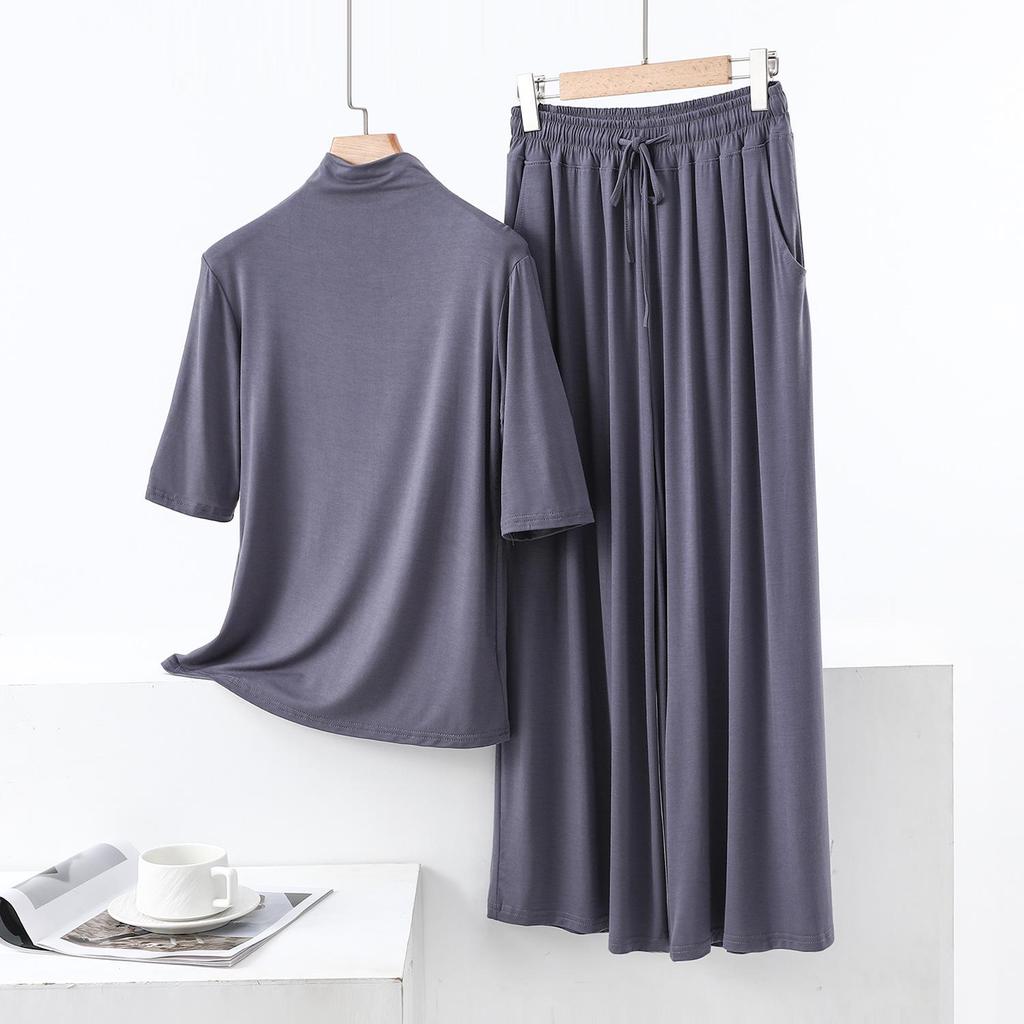 Modal Semi-High Neck Five-Sleeve Shirt & Pocket Wide-Leg Pants Casual Plus Size Two-Piece for Women