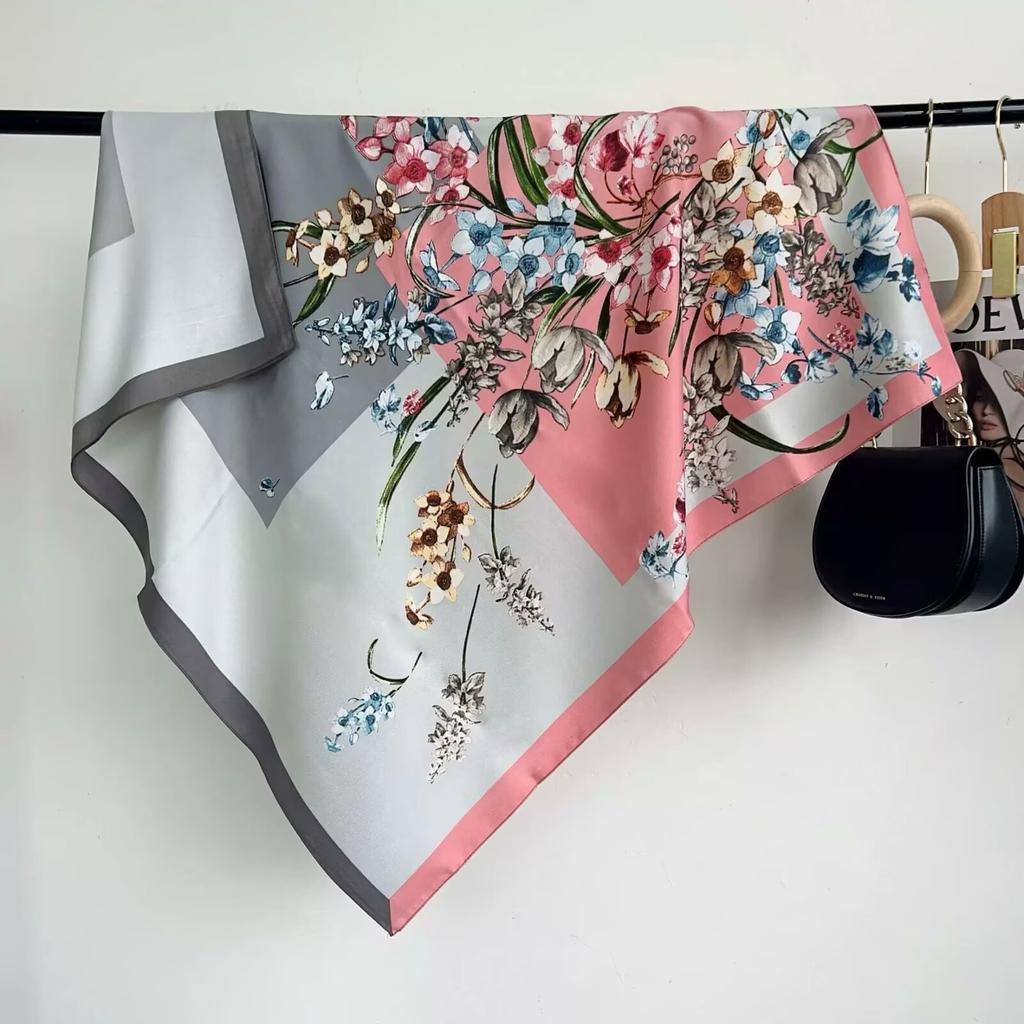 Luxury Flower Prin Silk Square Scarf Women Hijab Hair Bands Neckerchief Female Satin Shawl Ribbon Headband Fashion Wraps Bandana