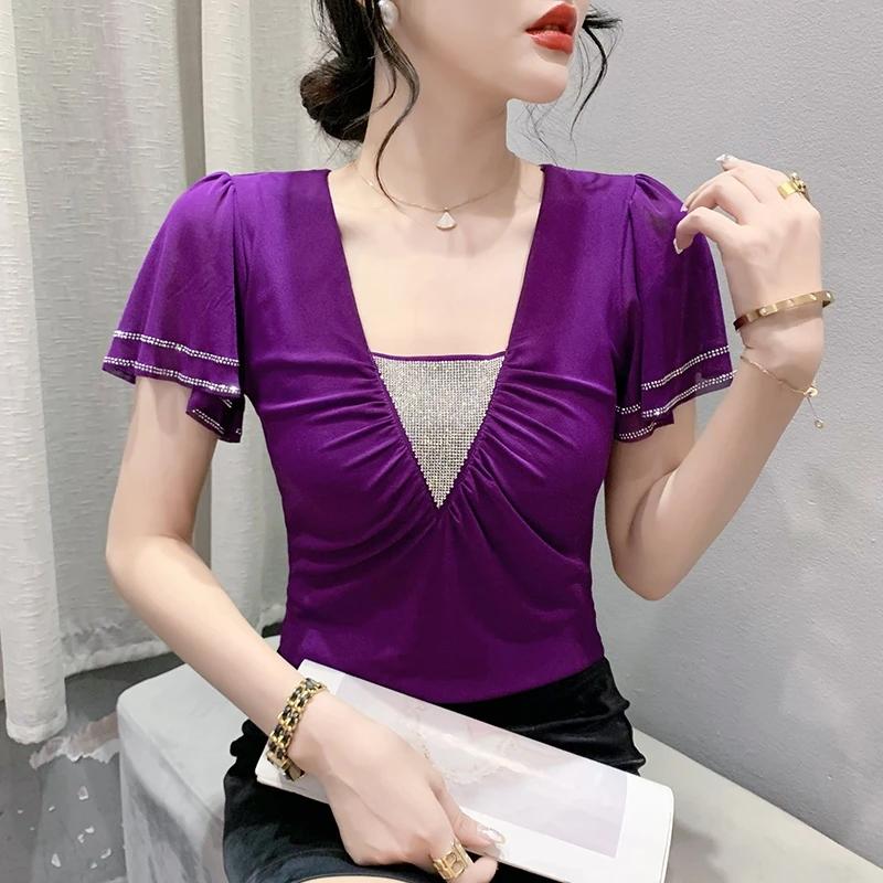 New Summer Women Tops Sexy V-Neck High Stretch Slim T-shirts Female Short Sleeve Mesh Hot Diamonds Tees All Match Casual Blusas