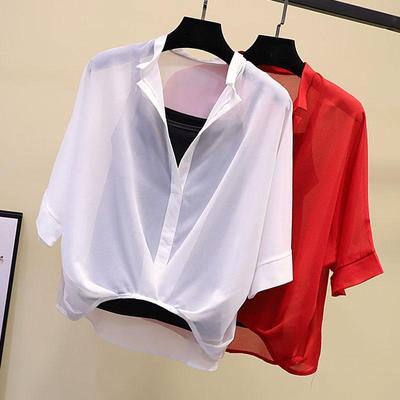 Sommer-Damen-Chiffon-Hemd, gestreift, dünn, unregelmäßig, Blusen-Sets, zweiteilige Damen-Oberteile mit Fledermausärmeln