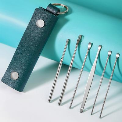 Set di 6 Pulisci Orecchie in Acciaio Inossidabile Strumenti Pulizia Orecchie a Spirale con Custodia in Finta Pelle Kit Cura Orecchie per Casa Viaggio