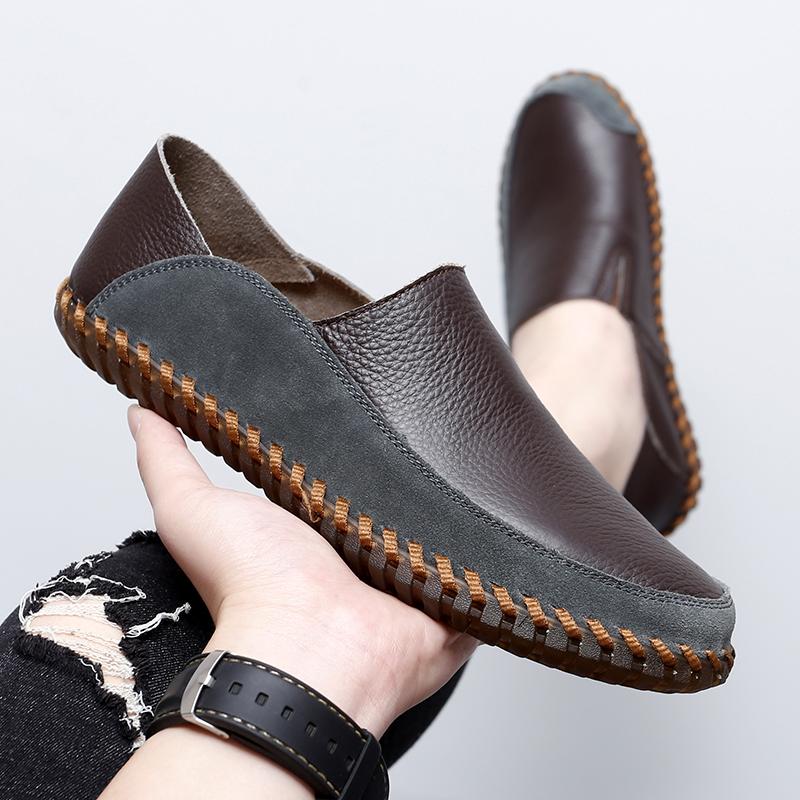 Men's Slip on Moccasins Driving Shoes Casual Loafers Retro Handmade Leather Outdoor Black Wide Shoes for Father Large Size