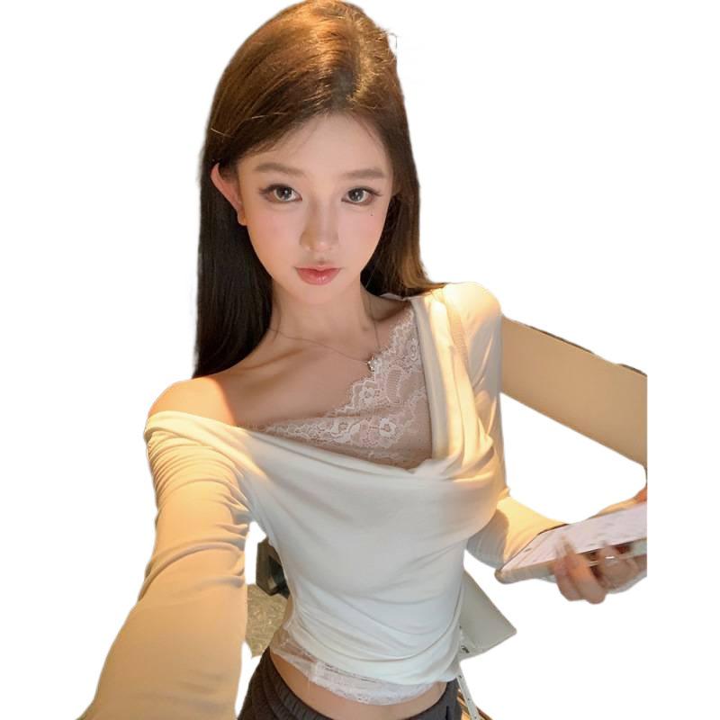 Pure & Sexy Lace Patchwork Slimming Long Sleeve Women's Top