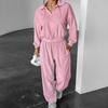 Womens Fall Winter Street Style 2-Piece Tracksuit Set Pink Polo Neck Top Velvet Pants