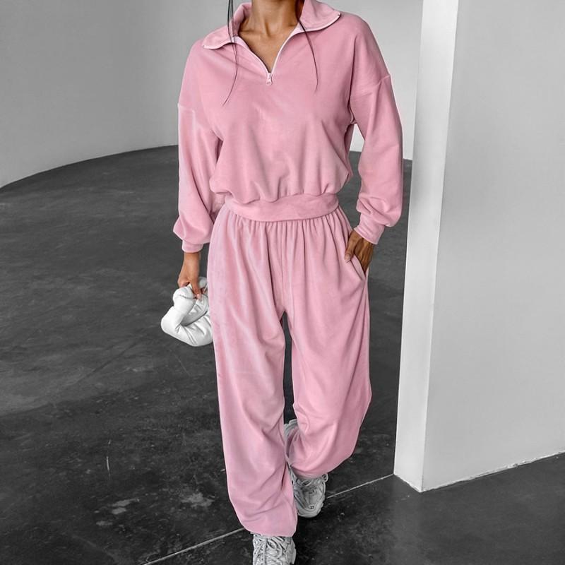 Womens Fall Winter Street Style 2-Piece Tracksuit Set Pink Polo Neck Top Velvet Pants