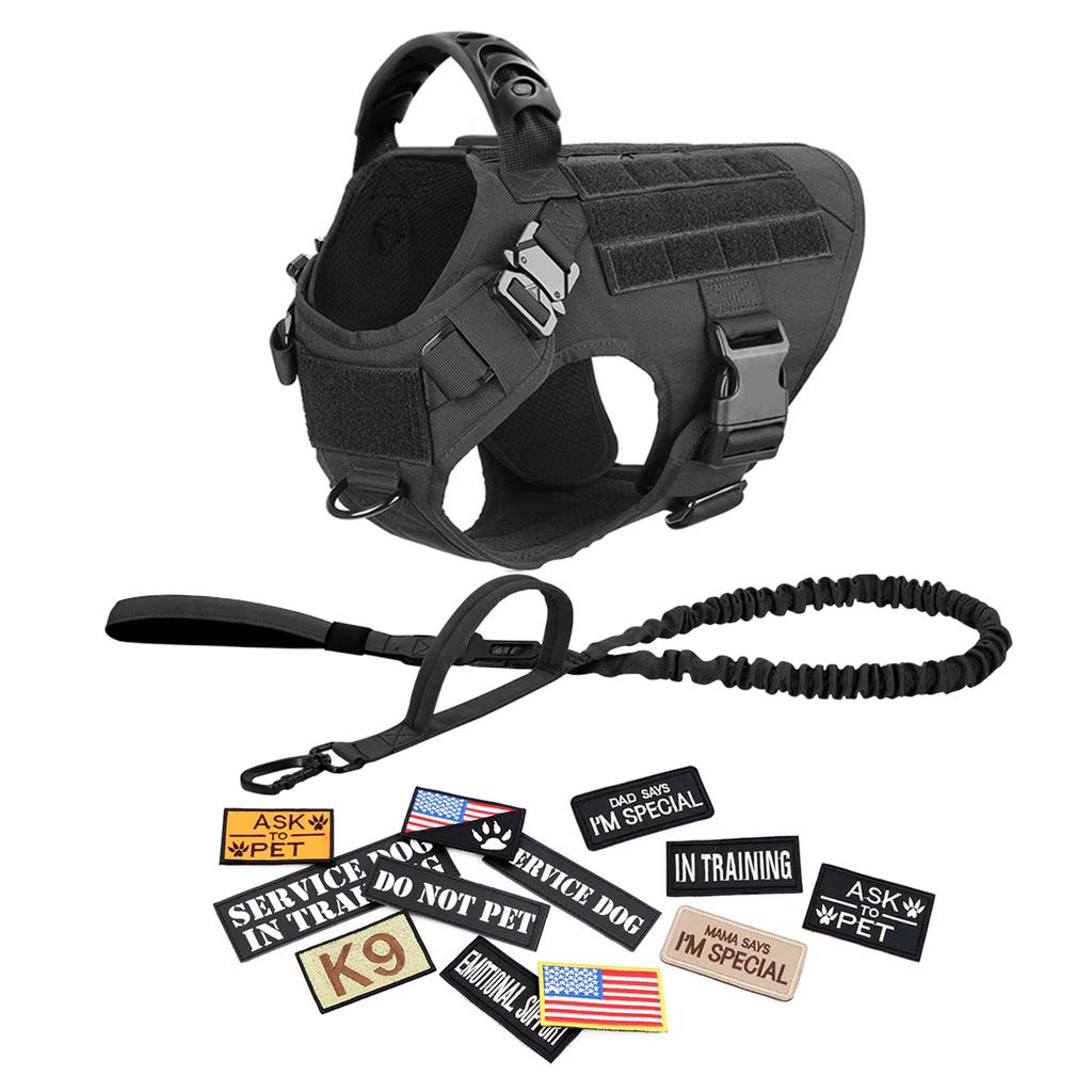 Military Large Dog Harness Collar Leash Bags Patches Set Pet Malinois Training Vests Tactical Dogs Harnesses Accessories
