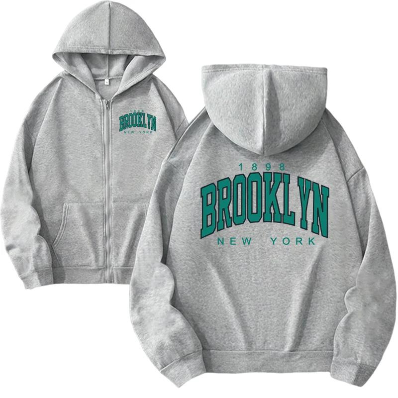 Fashion Women's Zipper Hoodie High Quality Brooklyn Print Hooded Sweatshirts All Season Female Daily Casual Sporty Coat