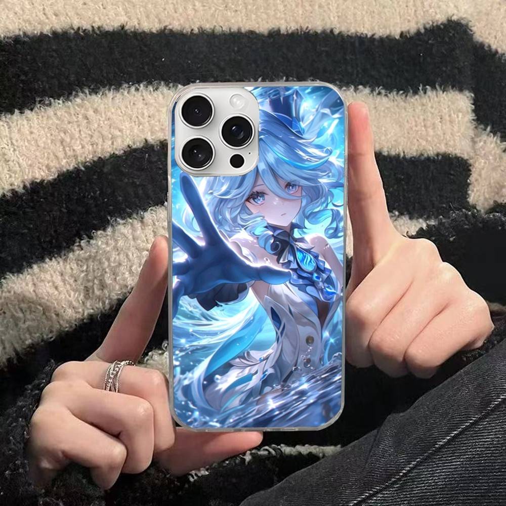 Genshin Impact Furina Phone Case For iphone 17 16 15 14 13 12 11 Pro Max Plus Silver Laser Satin Aurora