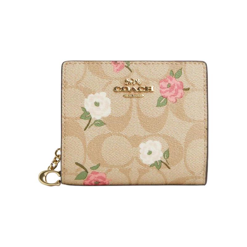 COACH Snap Wallet 11 Floral print snap closure Signature coated canvas and smooth leather Wallet Women s Gold and light khaki chalk multicolor золотой