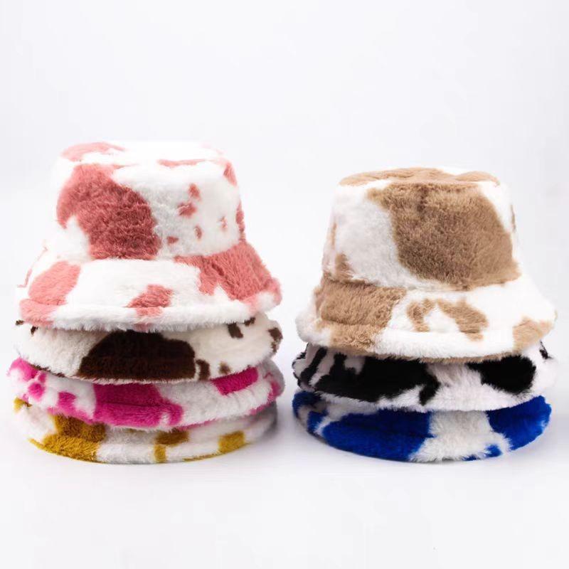 Black and white cow pattern bucket hat autumn and winter plush warm shopping versatile basin hat