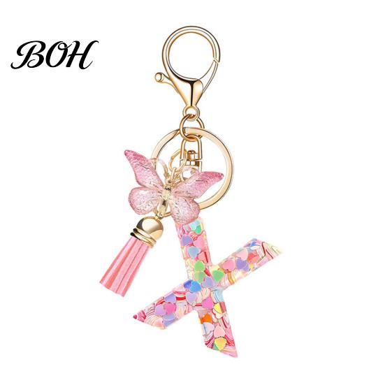 Compact Keychain Pink Series Pendant, Sequins Heart Initial Letter Charm Key Chain with Durable Butterfly Tassel Design, A-Z Holder for Bag