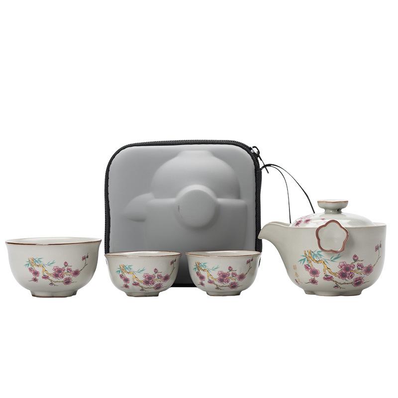Ru kiln high-end open-piece travel tea set, one pot, three cups, outdoor portable light luxury company business commemorative gift