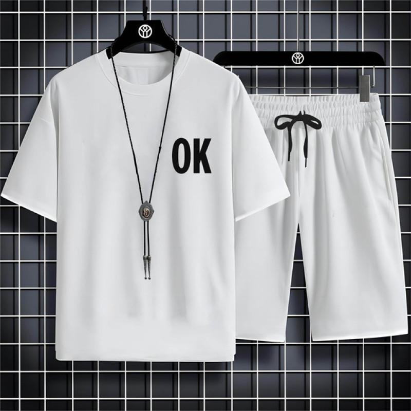 Summer Fashion Casual Sports Style Alphabet Ok Printed Men'S Round Neck Short Sleeve T-Shirt Drawstring Shorts Beach Suit