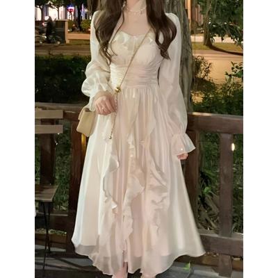 Elegant Sweet Fairy Dress Women Spring Summer Long Sleeve Midi Dress Korean Fashion Vintage Solid Color High Waist A Line Dress