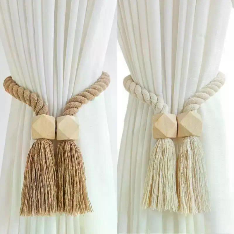 2Pcs Magnetic Wooden Tassel Window Curtain Curtain Holdbacks Bathroom Shower Curtain Accessories Home Decor Curtain Buckles