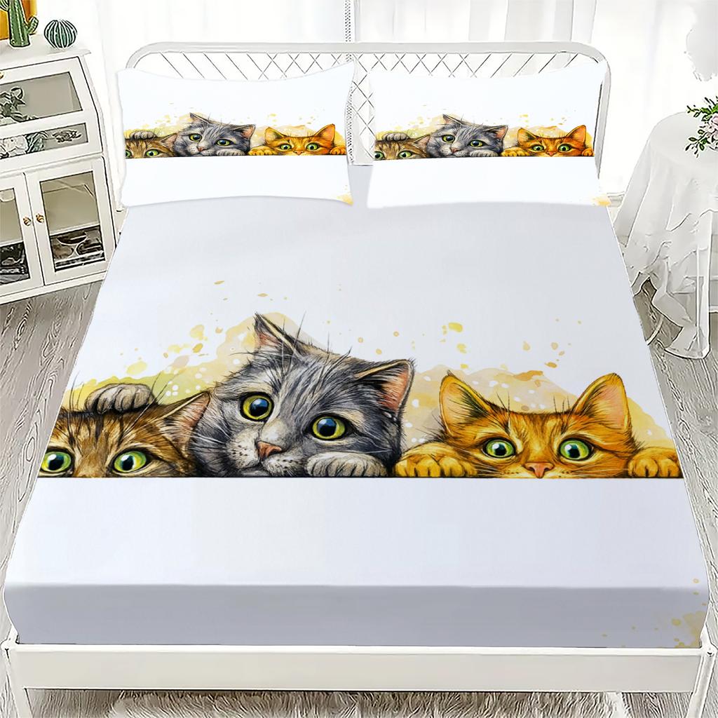3pcs White Fitted Sheet Set Lovely Cartoon Cat Dog Print 100% Polyester Breathable Bedding Set for Home Decor with 2 Pillowcases