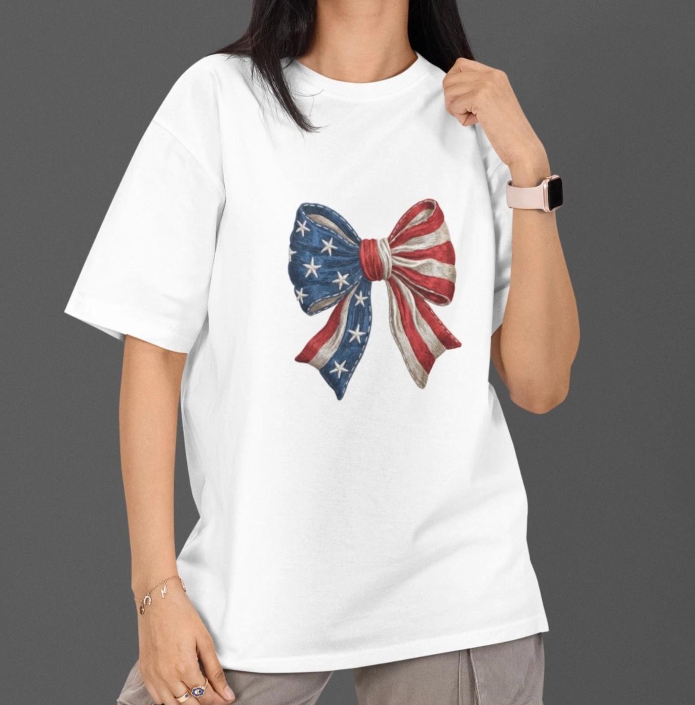 

Patriotic Bow T-Shirt USA Flag Ribbon Cute 4th of July Women Graphic Tee L