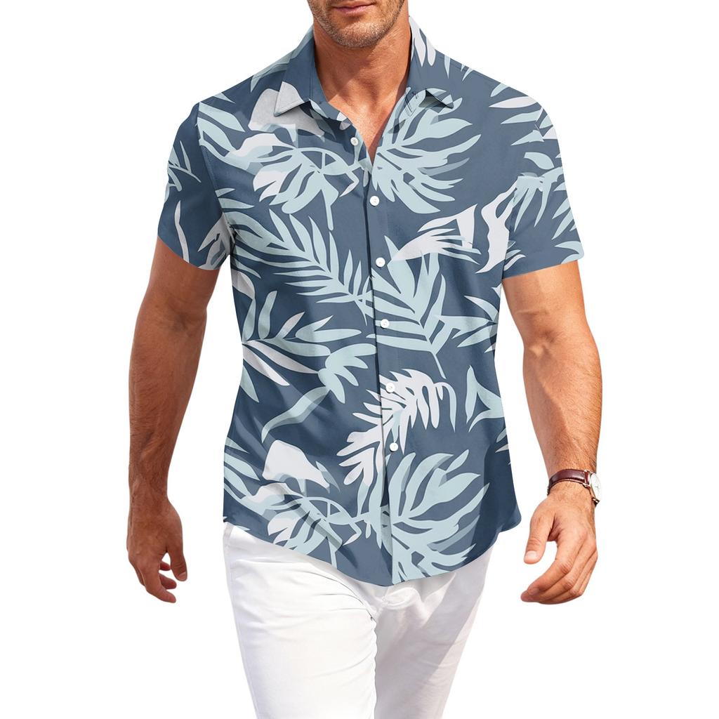 Men's Casual Short Sleeve Button Down Shirt Loose Fit Printed Tropical Palm Tree Pattern Lightweight Summer Beach Shirt