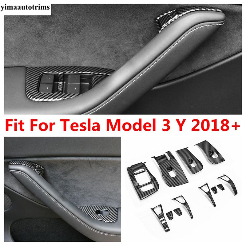 For Tesla Model 3 Y 2018 - Car Armrest Window Lift Control Button Panel Cover Trim ABS Carbon Fiber Accessories Interior