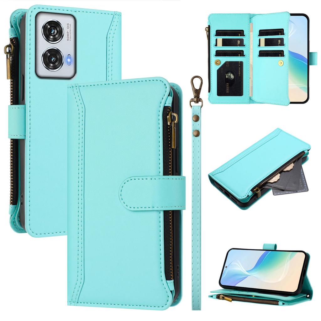 For Motorola Moto G85 5G/Motorola Edge 50 Fusion 5G Leather Case 9 Card Slots Zipper Wallet Stand Phone Cover with Wrist Strap