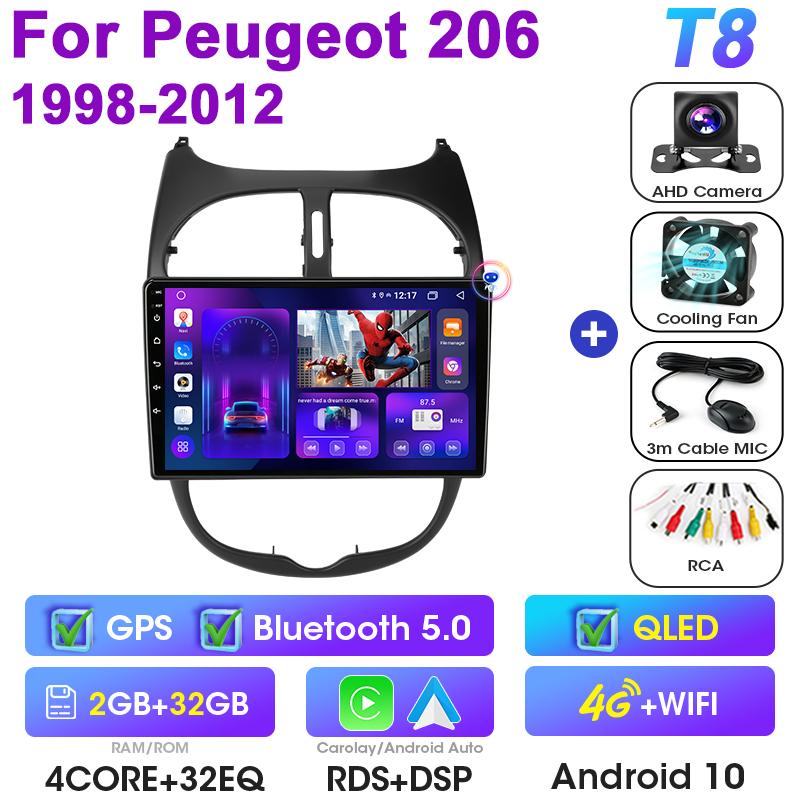 Für Peugeot 206 206CC SW 1998 - 2012 2 Din Android 12 Autoradio Multimedia Video Player GPS GPS 4G Carplay Auto Stereo Head Unit
