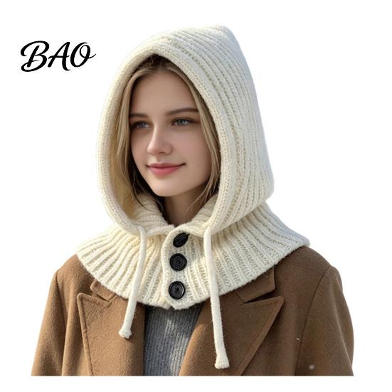 Cozy Knit Hat Women Hooded Scarf for Winter, Pullover Balaclava Hood Thermal Ear Protection Cap with Adjustable Drawstring, Warm Neck Gaiter