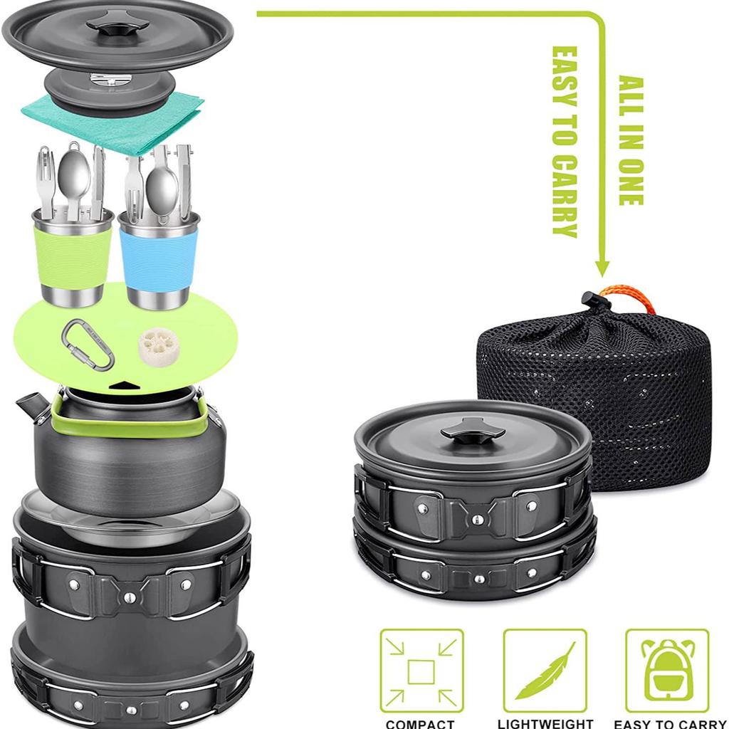 Portable Outdoor Cookware Set for 2-3 People with Teapot - Hard Anodized Aluminum, New Product