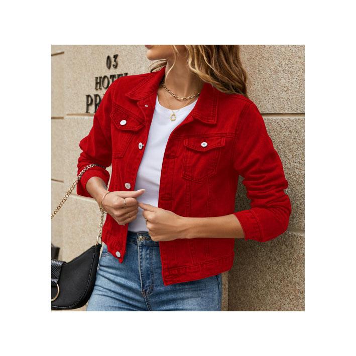 

Женские джинсовые куртки, модная женская повседневная джинсовая куртка с длинными рукавами и лацканами, однотонное пальто на пуговицах и нагрудном кармане, осенне-зимнее пальто XL красный