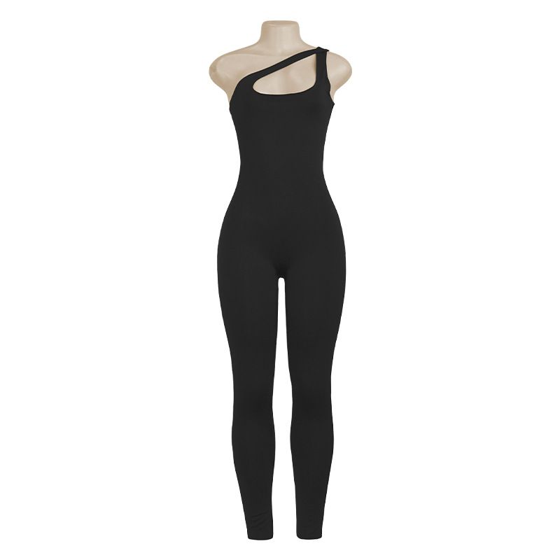

Fashion Style Cross-Border Pure Color Single-Side Oblique Shoulder Strap Tops Silm Fashion Casual Jumpsuit Sexy Jumpsuit for Women Black A011JP L