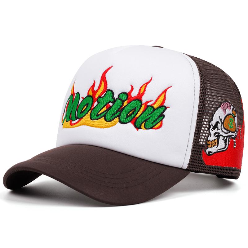 Flame Motion Skull Embroidery Retro Trendy Hip Hop Hat Breathable Mesh Hat Men's Baseball Hat Women's Outdoor Sports Casual Hat