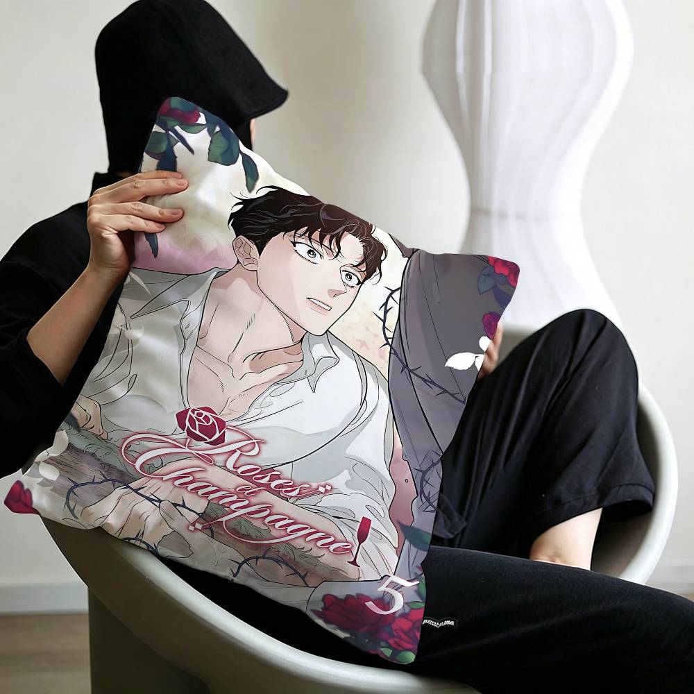 Korean Manhua Roses And Champagne Pillowcase Toon Gift Cushion Cover Bedroom Home Sofa Chair Seat Decor Pillow Case