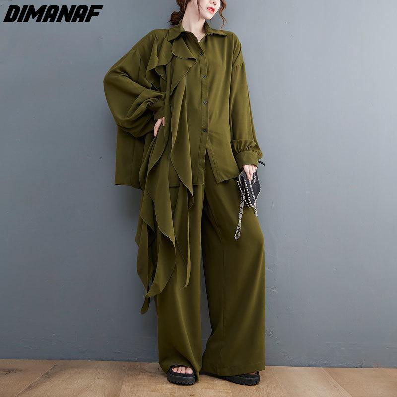 DIMANAF 2021 Women Two Piece Set Casual Tassel Lace Tops Shirts Autumn Loose Wide Leg Pants Oversized Spring Summer Oversize