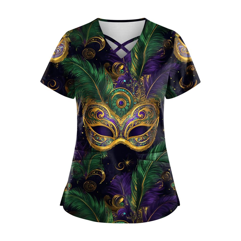 Women's Short Sleeve Stagger V Neck Carnival Print Pocket Dry-nurse Top