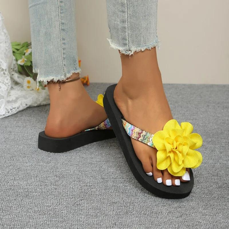 New Non-slip Platform Flip-flops Wear Fashion Wedges Sandals Female Summer National Style Flower Beach Slippers