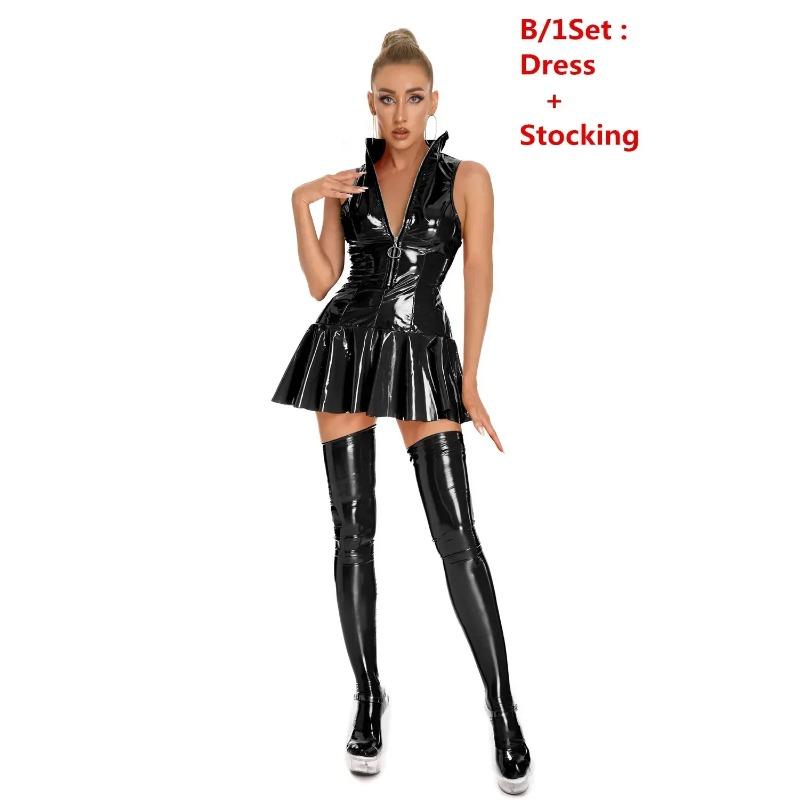 Women Sexy Glossy Leather Slip Dress Lady Erotic Shaping Pleated Short Dress PVC Zipper Porn Breast Exposing Latex Mini Dresses