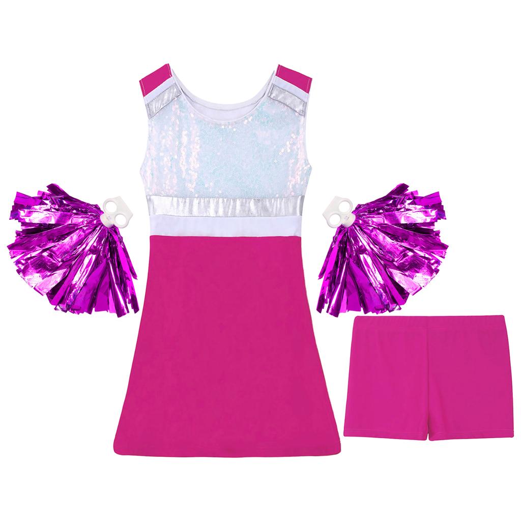 Girls Cheerleading Outfit Shiny Sequins Dress Matching Shorts Flower Ball Accessories Performance Set