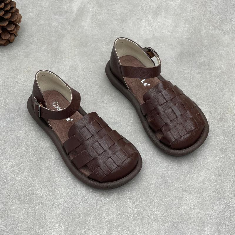 Johnature Soft Cowhide Woven Round Toe Flat Sandals Soft Sole Comfortable Genuine Leather Women's Shoes