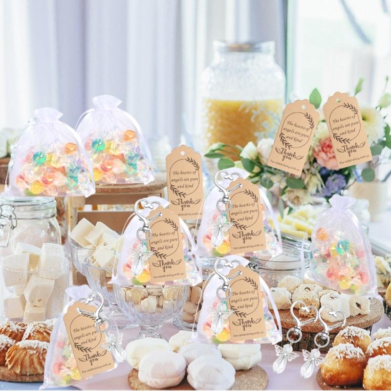 30Pcs Angel Wing Charm Keychain Decorative Key Holder with Drawstring Gauze Bag and Labels for Baby Showers Wedding