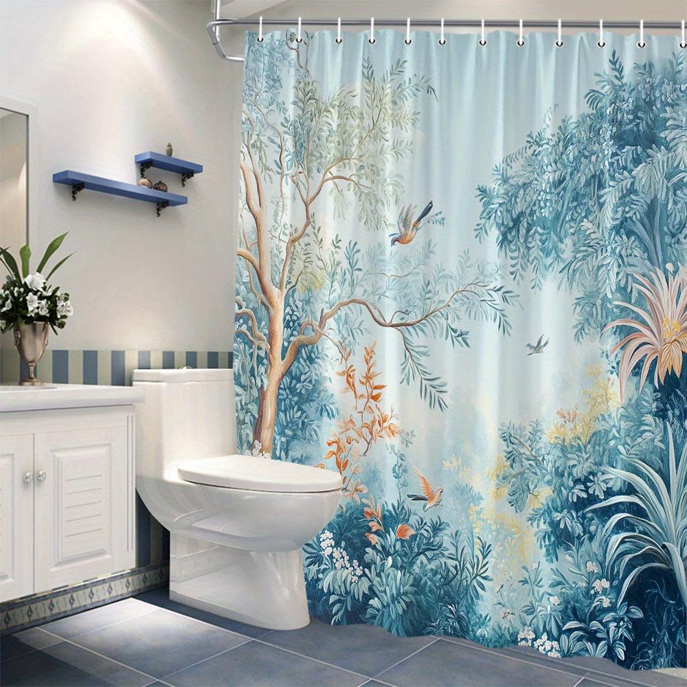 "[Easycare] Tropical Forest Shower Curtain - Lush Greenery, Orange & Yellow Flowers, Gnarled Tree, Birds, Polyester