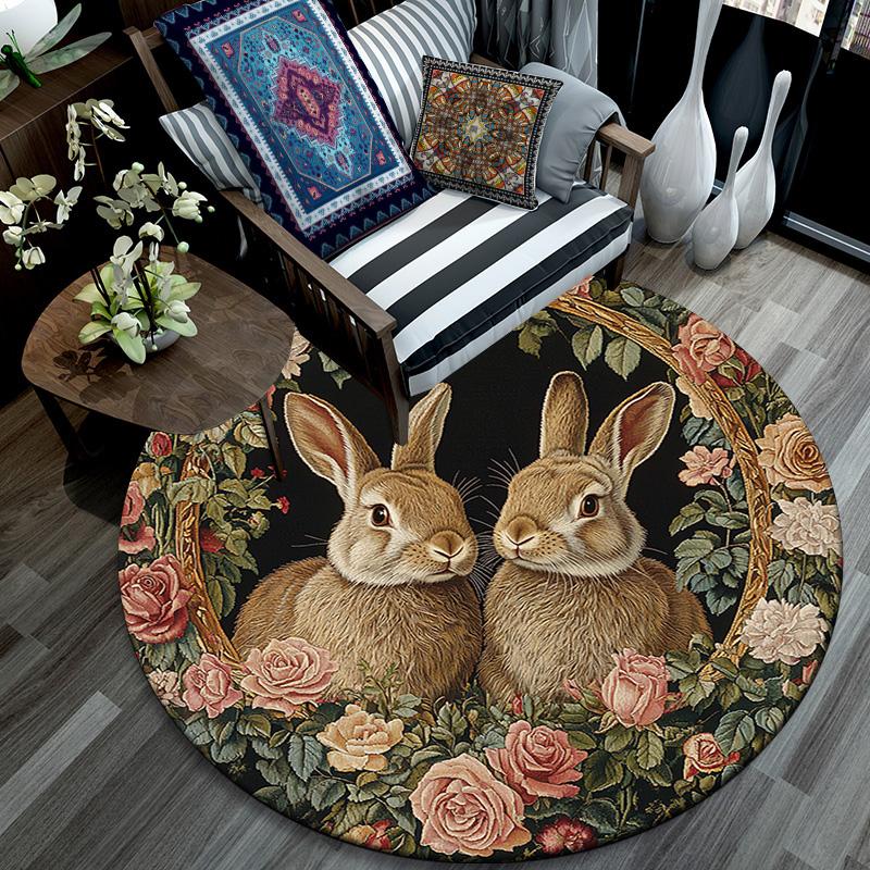 Rabbits Round Area Rug,Carpet Rug for Living Room Bedroom Sofa Playroom Decor,Non-slip Floor Mat