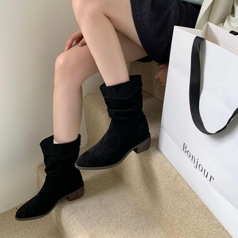 Coarse Heel Suede Pile Boots Medium Boots Martin Boots Women's Boots 2025 Autumn/Winter Coffee Color Maillard Skinny Boots Short Boots