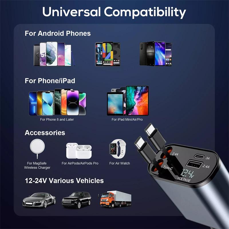 120W 4 In 1 Retractable Car Charger Usb C For Iphone Xiaomi Huawei Samsung Fast Charging Cable Cigarette Lighter Adapter