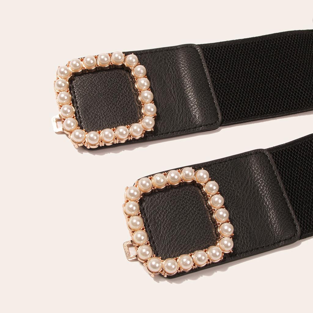 New Pearl Pair Buckle Elastic Wide Ladies Waist Seal Black Sweet and Elegant Women's Waist Belt