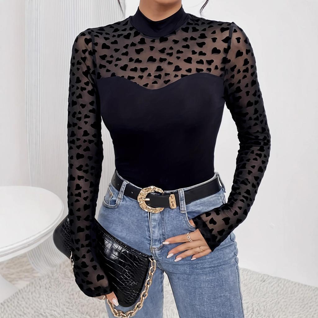 Spring Mesh Patchwork Long Sleeve Slim Base Layer T Shirt Top Women Fashion Daily Basic Office Lady Casual Slim Fit Ladies Elegant Top