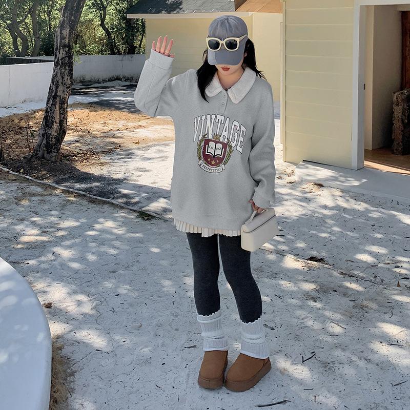 Large Size Women's Lamb Wool Lapel Print Sweater Winter New Pullover Fleece Thermal Top 431928